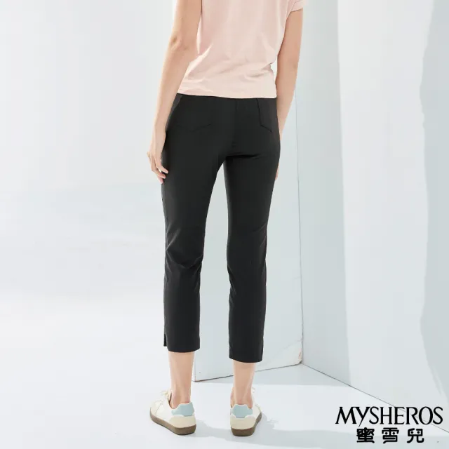 【MYSHEROS 蜜雪兒】休閒造型八分褲 前釦拉鍊後鬆緊 側邊鈕釦縫線 褲腳開杈設計(黑)