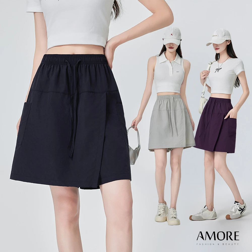 Amore褲裙 Amore夏日簡約清爽涼感褲裙7色 短裙 涼感褲,褲裙假兩件設計行動自在優雅)