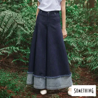 【SOMETHING】女裝 雙色拼接抽鬚丹寧寬褲(原藍色)