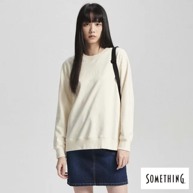 【SOMETHING】女裝 基本素色印花厚長袖T恤(米白色)