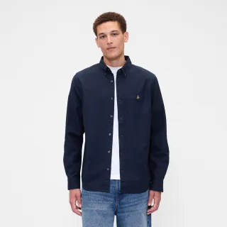 【GAP】男裝 純棉小熊刺繡翻領長袖襯衫-海軍藍(799592)