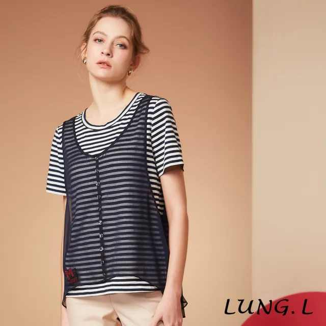 【LUNG.L 林佳樺】LS84A 藍白條拼接雪紡背心假二件棉質短袖女裝上衣(春夏新品 加大尺碼)