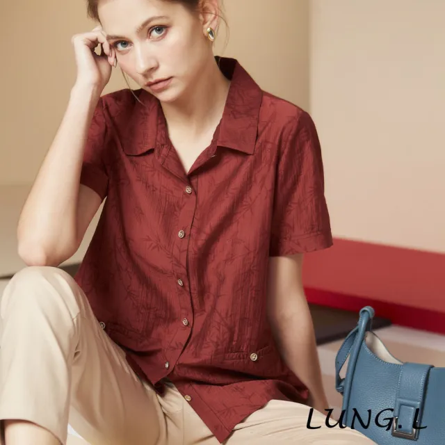 【LUNG.L 林佳樺】LS87A 暗紅色竹紋前開襟短袖女裝襯衫(春夏新品 加大尺碼)