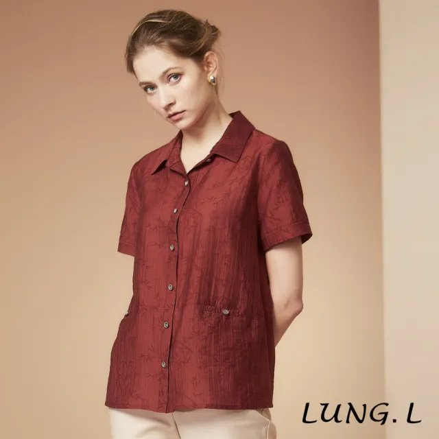 【LUNG.L 林佳樺】LS87A 暗紅色竹紋前開襟短袖女裝襯衫(春夏新品 加大尺碼)
