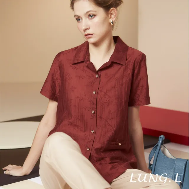 【LUNG.L 林佳樺】LS87A 暗紅色竹紋前開襟短袖女裝襯衫(春夏新品 加大尺碼)