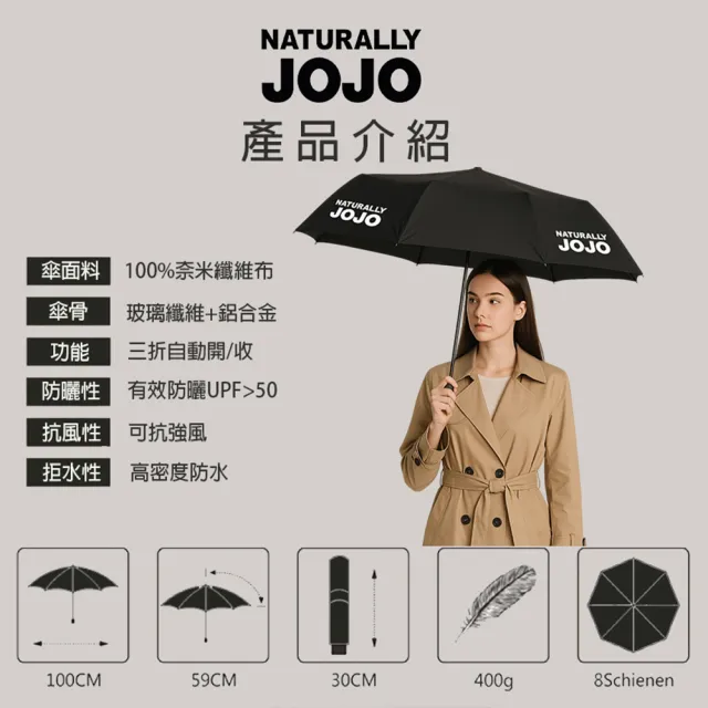 【NATURALLY JOJO】UPF50+抗UV黑膠晴雨防曬傘/出清(體感降溫/輕壓省力收傘)