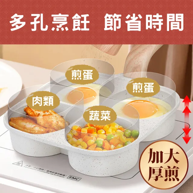 【鼎匠】升級加深★大容量雞蛋漢堡鍋 早餐煎鍋 4孔圓型麥飯石不沾平底鍋(米白四格煎荷包蛋器模具IH電磁爐)