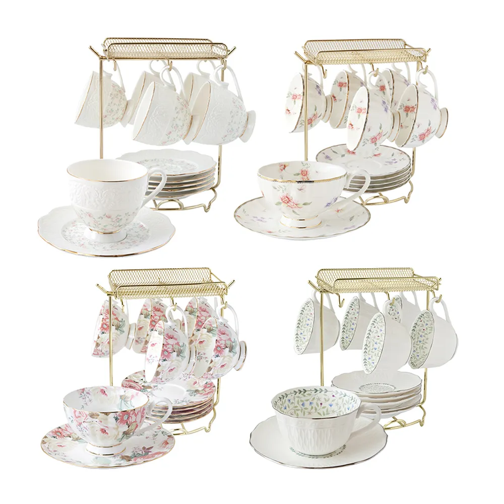 【Just Home】骨瓷咖啡杯盤12件禮盒組附收納架(附禮盒 多款花色可選 入厝送禮 辦公室 新居落成)