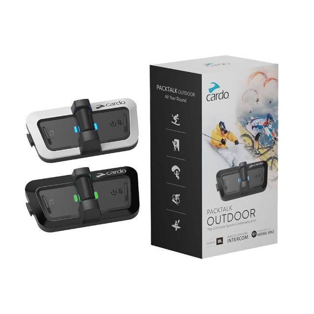 Cardo PACKTALK OUTDOOR 戶外運動通訊藍芽耳機，採用藍芽5.2技術，IP67防水防塵設計，適合騎乘或戶外活動使用。配備40mm JBL喇叭，提供高品質音效；通話時間長達10小時，快速充電20分鐘可通話2小時。頭戴式配戴舒適，內建麥克風及USB-C充電埠，支援APP韌體更新。多國語言介面，輕巧僅49.5g，包含固定器、充電線及配件，保固一年，BSMI認證R33724。