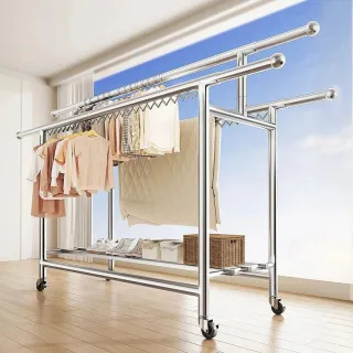 【Ashley House】巨量曬衣-粗勇三桿H型可折合移動式不鏽鋼晾曬衣架-送鞋架(衣帽架 掛衣架 收納架 鞋架)