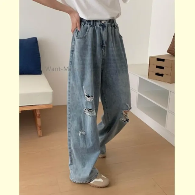 【Want-Meow】90公斤可穿/獨家薄款舒適寬鬆兩扣破洞刷破牛仔褲(大碼/大尺碼/加大碼/大碼寬褲/牛仔褲)