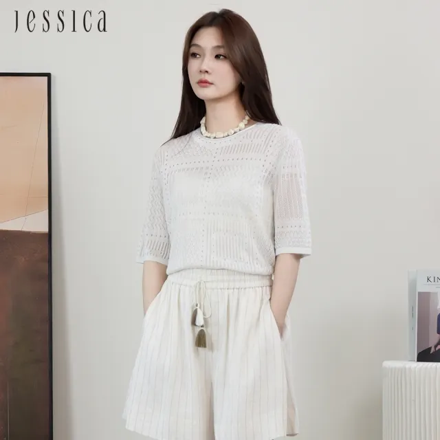 【JESSICA】法式慵懶鏤空顯瘦短袖針織衫J53504（白）