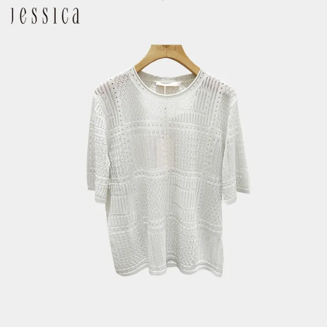 【JESSICA】法式慵懶鏤空顯瘦短袖針織衫J53504（白）