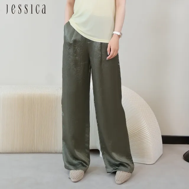 【JESSICA】順滑亮面垂感醋酸寬鬆顯瘦闊腿長寬褲J53212