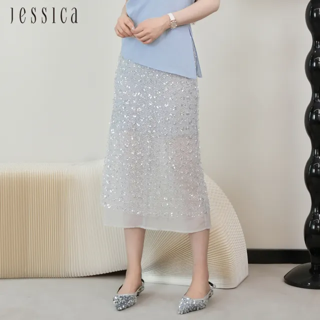 【JESSICA】浪漫高級感亮片透膚網紗半裙長裙J53106
