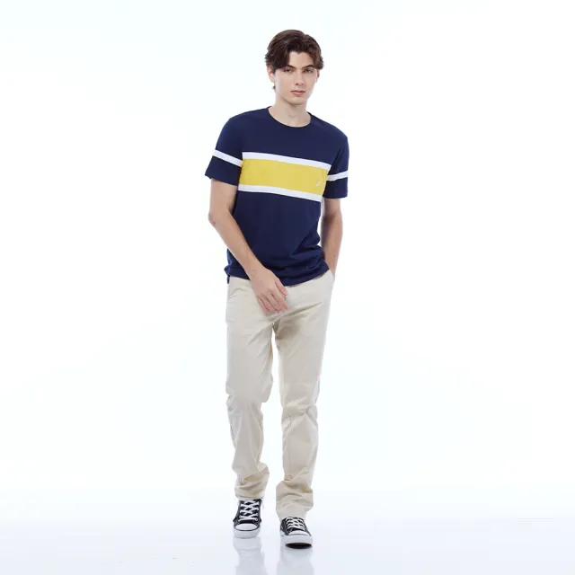 【NAUTICA】官方旗艦 男裝 潮流感跳色拼接條紋短袖T恤(藍色)