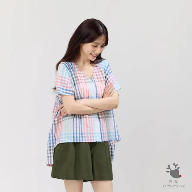 【so that’s me 好我】Vicky夏日V領棉質寬上衣(彩格紋)