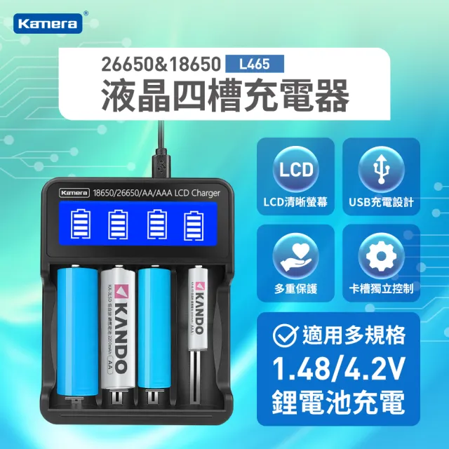 【Kamera 佳美能】18650 USB液晶4槽電池充電器(26650/21700/RCR123/3號/4號 充電電池通用 L465)