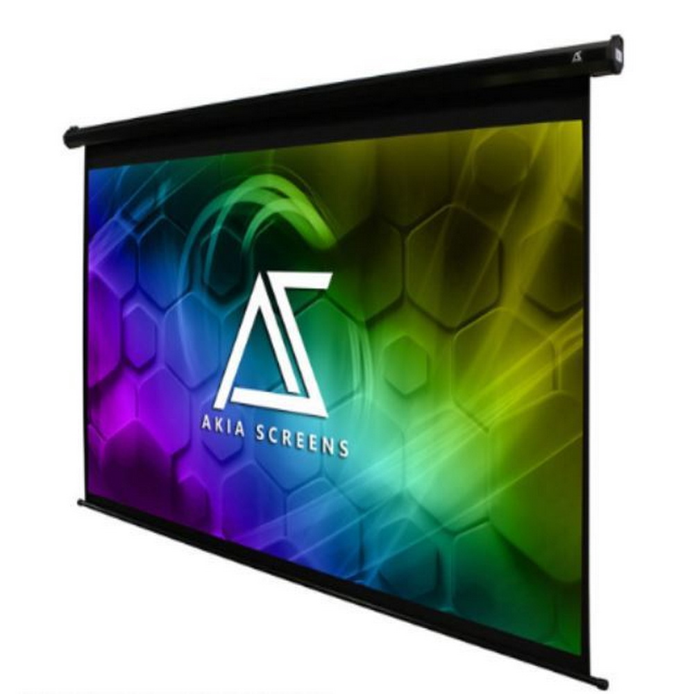 Akia Screens AK-120H-W 120吋電動投影幕，採用電動式設計，16:9 比例，觀賞面積149x266 cm，布幕尺寸173x276 cm，重量僅10.42 KG。適閤家用劇院或商務會議，一年保固，輕鬆升降操作，提供高畫質投影體驗。