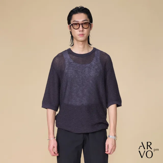 【ARVOpm】男女同款 圓領碳灰色針織短袖上衣00192505101(限時6折)