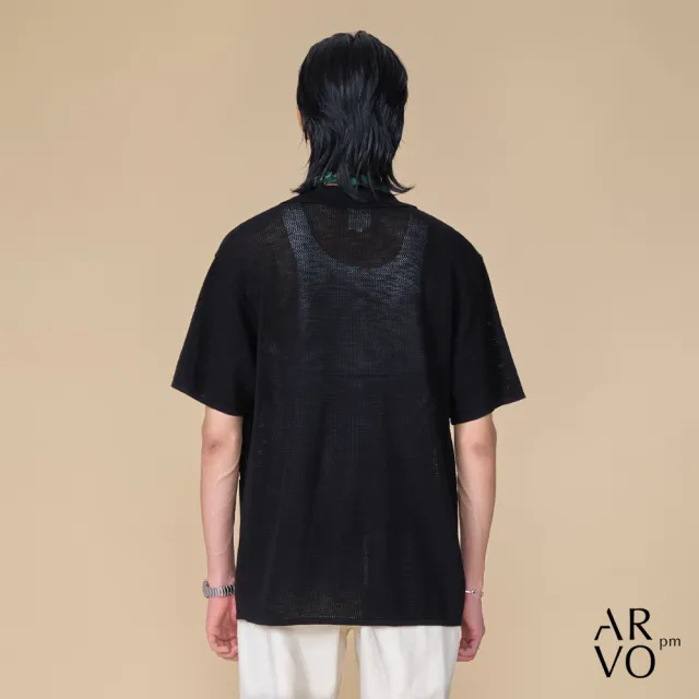 【ARVOpm】男女同款 翻領黑色針織短袖開襟上衣00192505104(限時6折)