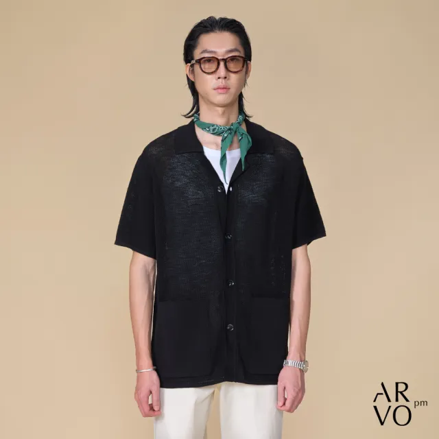 【ARVOpm】男女同款 翻領黑色針織短袖開襟上衣00192505104(限時6折)