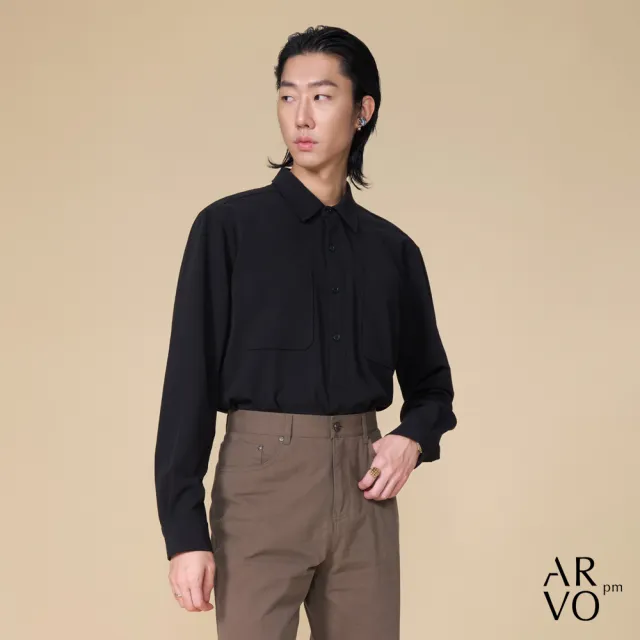 【ARVOpm】男女同款 半門襟雙口袋黑色襯衫00082504101(限時6折)