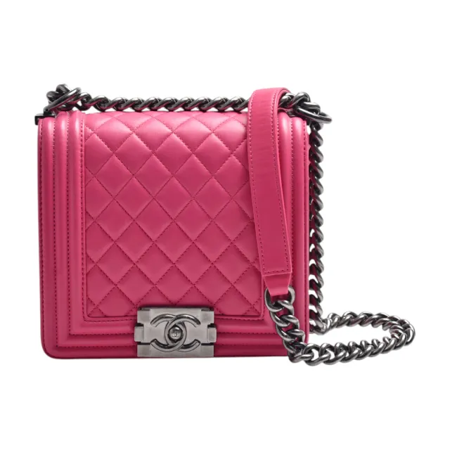 【CHANEL 香奈兒】經典BOY系列復古銀釦壓邊菱格粒紋羊皮斜背包(桃粉色90147L-PEACH-SSN)