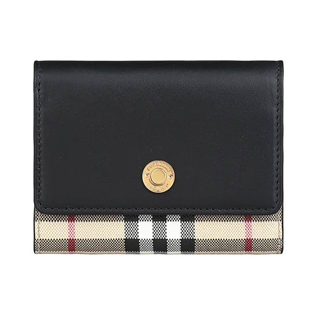 【BURBERRY 巴寶莉】BURBERRY LANCASTER 金釦LOGO小牛皮拼格紋PVC 6卡釦式短夾(黑x典藏米)