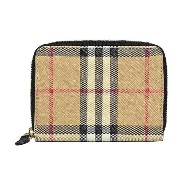 【BURBERRY 巴寶莉】BURBERRY 內壓印LOGO格紋PVC內襯牛皮5卡拉鍊零錢包(典藏米)