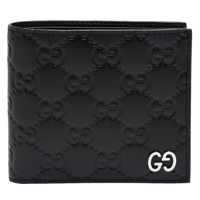 【GUCCI 古馳】經典Signature系列GG壓紋銀色金屬LOGO牛皮折疊短夾(黑-8卡473916-CWC1N-1000)（其他規格）