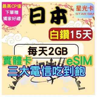 【Star SIM 星光卡】白鑽日本 含沖繩北海道三大電信15天每天2GB 高速 無限量 吃到飽(實體卡 eSIM)