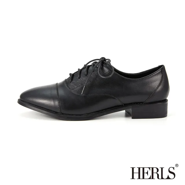 【HERLS】牛津鞋-全真皮簡約拼接橢圓頭素面牛津鞋(黑色)