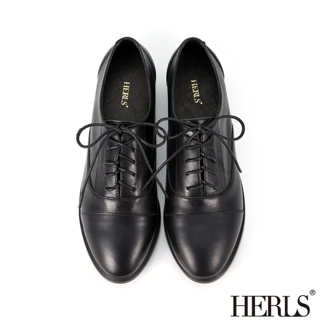 【HERLS】牛津鞋-全真皮簡約拼接橢圓頭素面牛津鞋(黑色)