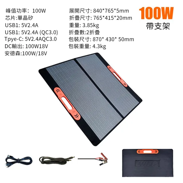 太陽能板 太陽能充電板 太陽能板發電設備100W(ETFE面板 可折疊 單晶硅 USB+DC+Typec輸出)