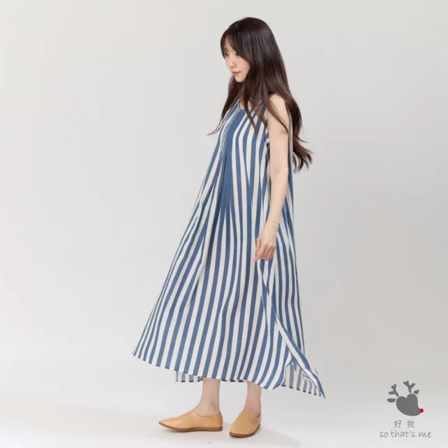 【so that’s me 好我】Nana無袖前摺直條印花洋裝(藍白寬條)