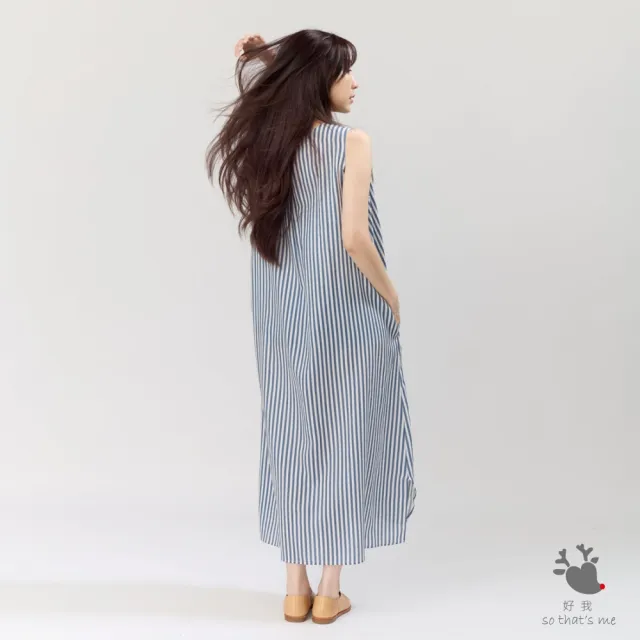 【so that’s me 好我】Nana無袖前摺直條印花洋裝(藍白細條)