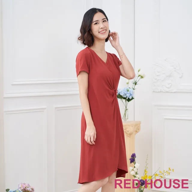 【RED HOUSE 蕾赫斯】V領素面釦環洋裝(磚紅色)