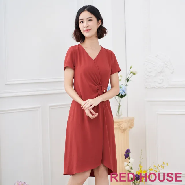 【RED HOUSE 蕾赫斯】V領素面釦環洋裝(磚紅色)