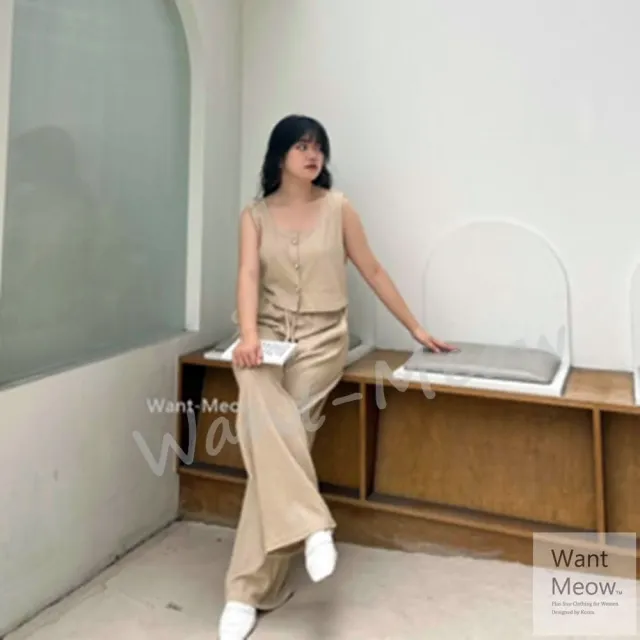 【Want-Meow】70公斤可/韓系小姐姐寬褲套裝/棉花糖女孩穿搭/中大尺碼套裝(大碼/大尺碼/加大碼/大碼)