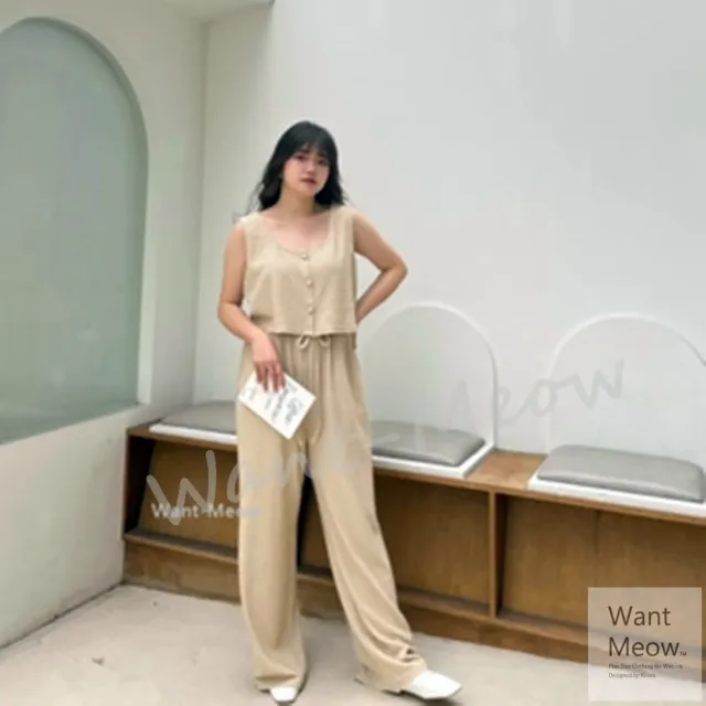 【Want-Meow】70公斤可/韓系小姐姐寬褲套裝/棉花糖女孩穿搭/中大尺碼套裝(大碼/大尺碼/加大碼/大碼)