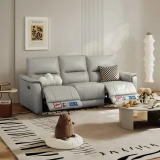 【Cheers】頭等艙 頭層牛皮 三人零靠牆電動沙發組附USB 30522 月霧灰