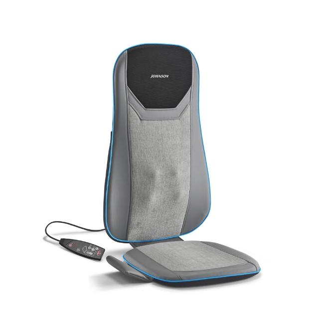 喬山 JOHNSON RT2160 按摩椅墊，專為腰部與背部設計的轉動式按摩器，提供深度舒緩按摩體驗。內建溫熱功能，提升血液迴圈，搭配音樂播放功能，讓您在放鬆中享受SPA級享受。灰色系設計，尺寸約66.5x14.5x43cm，輕巧僅2.8kg，適閤家用或辦公室。配有有線遙控器，插電式電源100-240V，最大功率30W，BSMI認證R53481，全機1年保固。完美解決腰背痠痛，選喬山按摩椅墊，舒壓從現在開始！