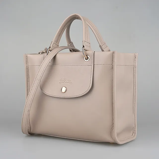 【LONGCHAMP】LONGCHAMP CABAS經典LOGO梅蒂斯羊皮吸釦式手提斜背方包(小/黏土灰)