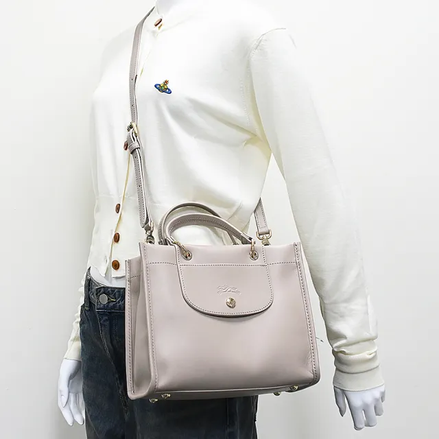 【LONGCHAMP】LONGCHAMP CABAS經典LOGO梅蒂斯羊皮吸釦式手提斜背方包(小/黏土灰)