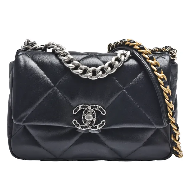 【CHANEL 香奈兒】19系列經典雙C LOGO菱格紋小牛皮銀色轉釦手提/肩背包(小-黑色AS1160C-BLK-GPSSN)