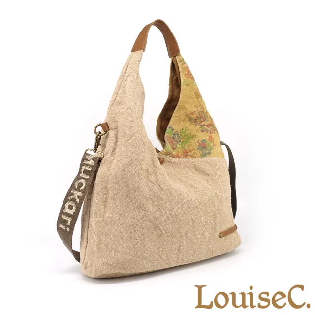 【LouiseC.】雙11 Tree House 質感帆布 牛皮 復古花草拼接設計 前後插袋肩背斜背包 米色 SL0003-02