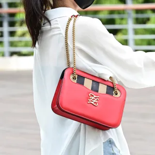【FENDI 芬迪】Karligraphy 金屬字母FF LOGO肩斜三用鍊包晚宴包(紅)