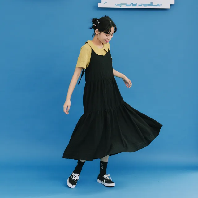 【Dailo】日系肌理感蛋糕連身無袖洋裝(黑 白 綠/魅力商品)