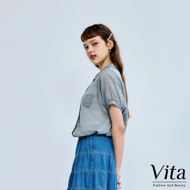 【MYSHEROS 蜜雪兒】VITA 棉麻造型襯衫 翻領排釦 胸口小口袋點綴(二色任選)
